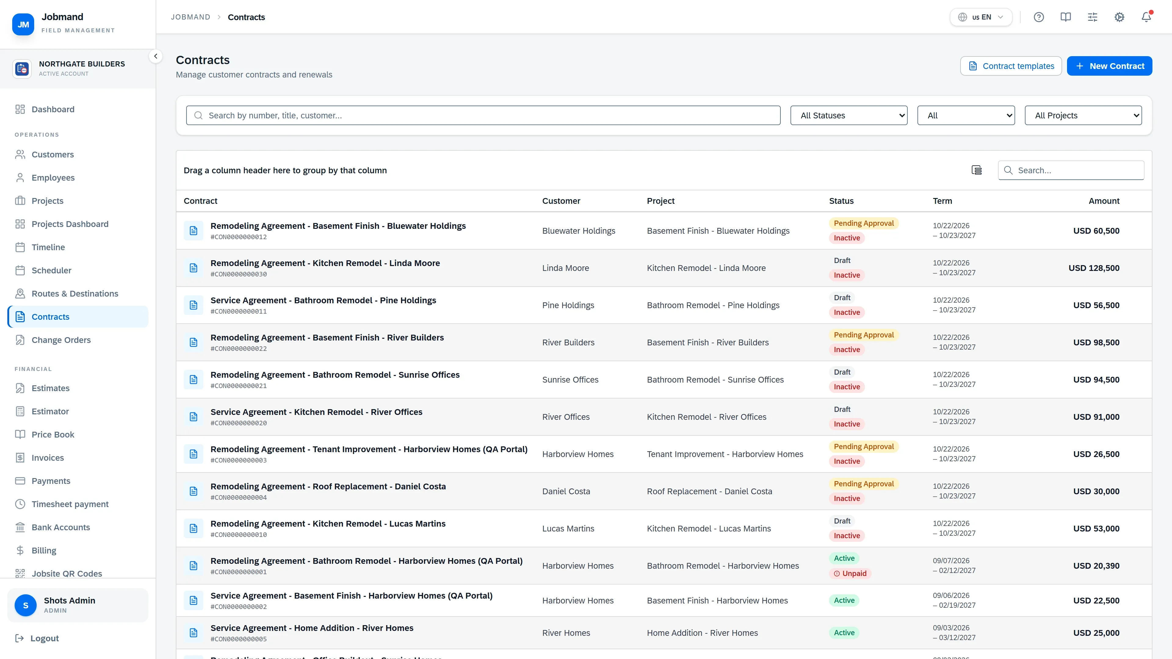The Contracts list with customer, project and status.