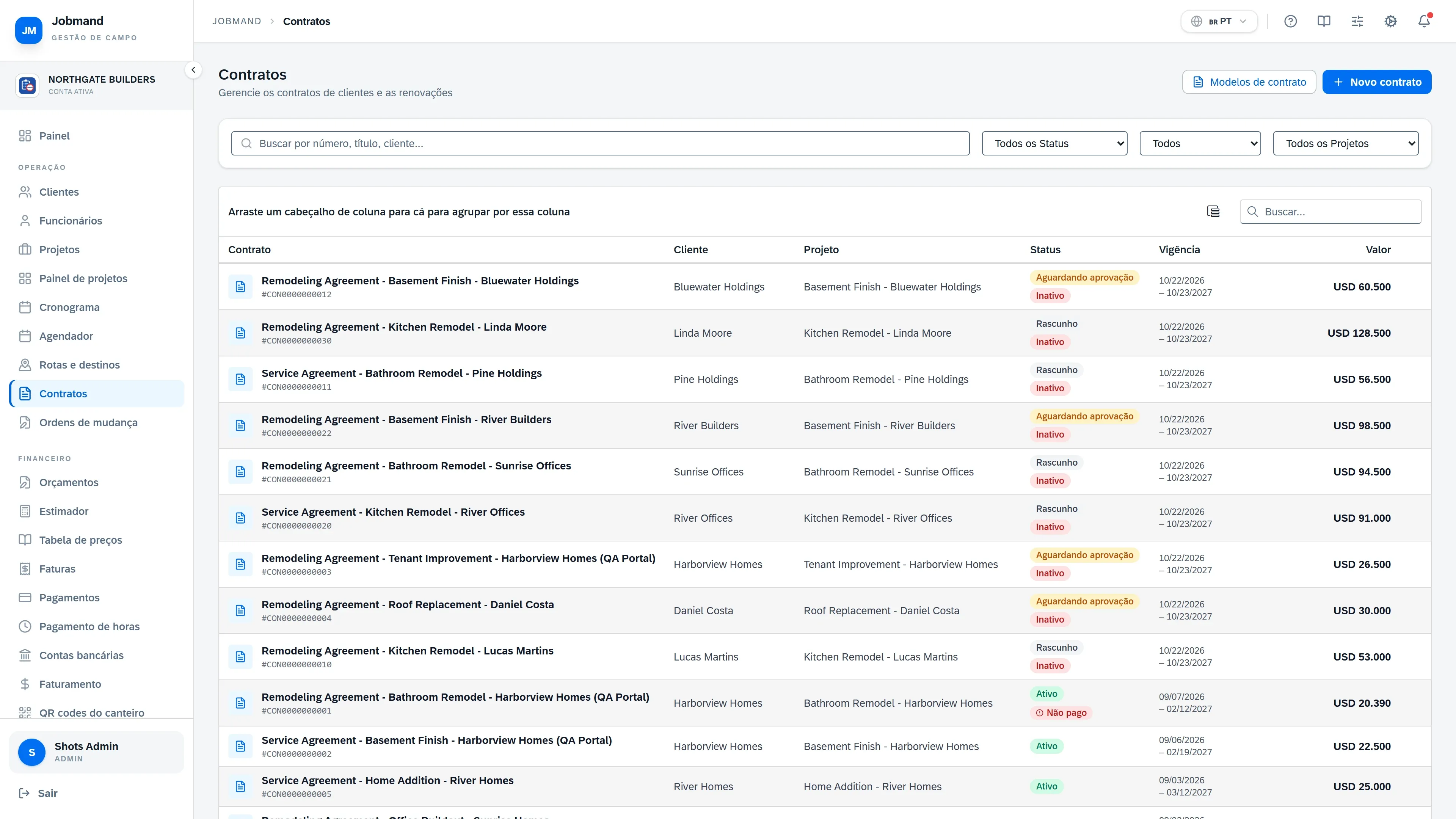 A lista de Contratos com cliente, projeto e status.