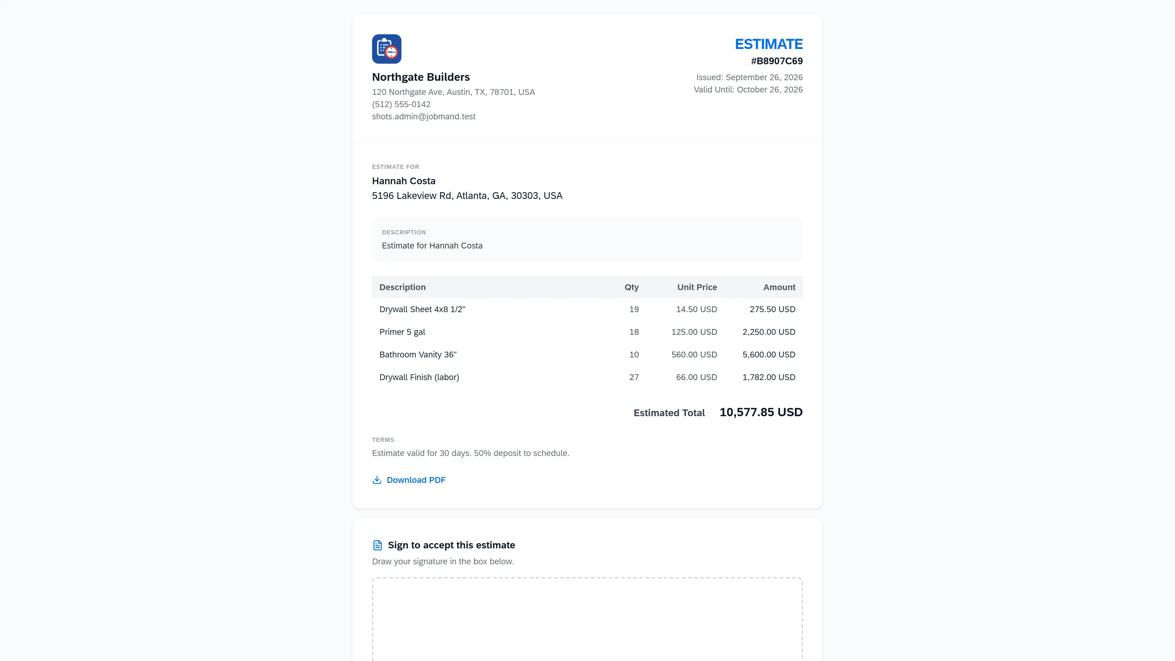 An estimate document with line items, tax and the estimated total.