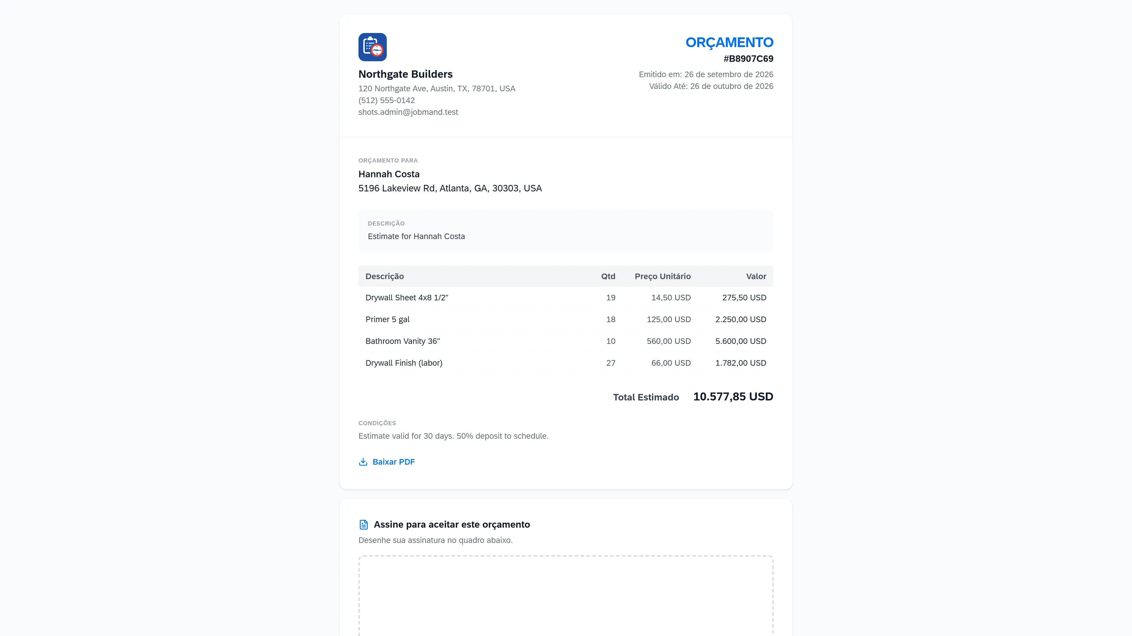 Um documento de orçamento com itens, imposto e o total estimado.