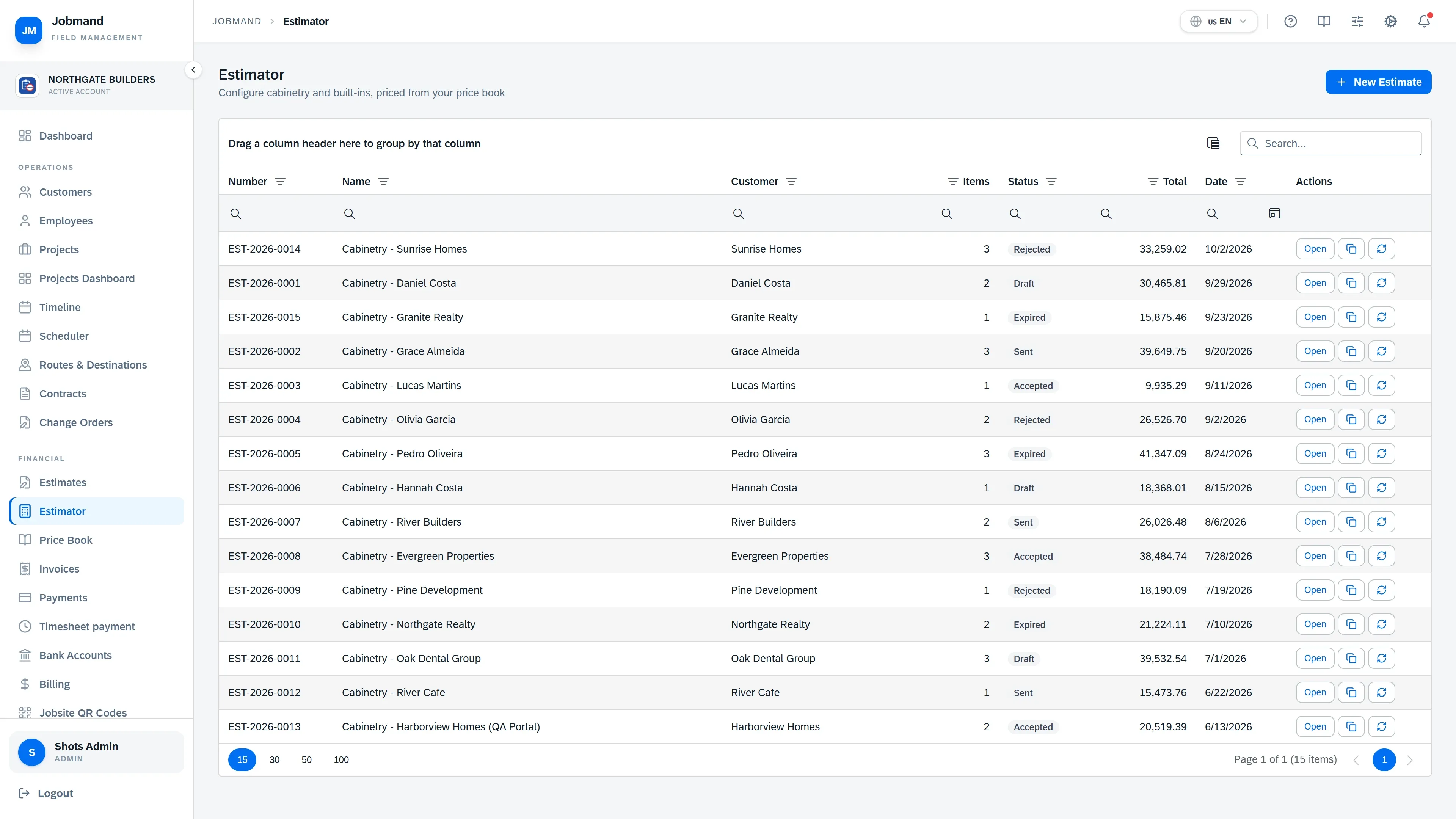 The Estimator with items and a live price breakdown.