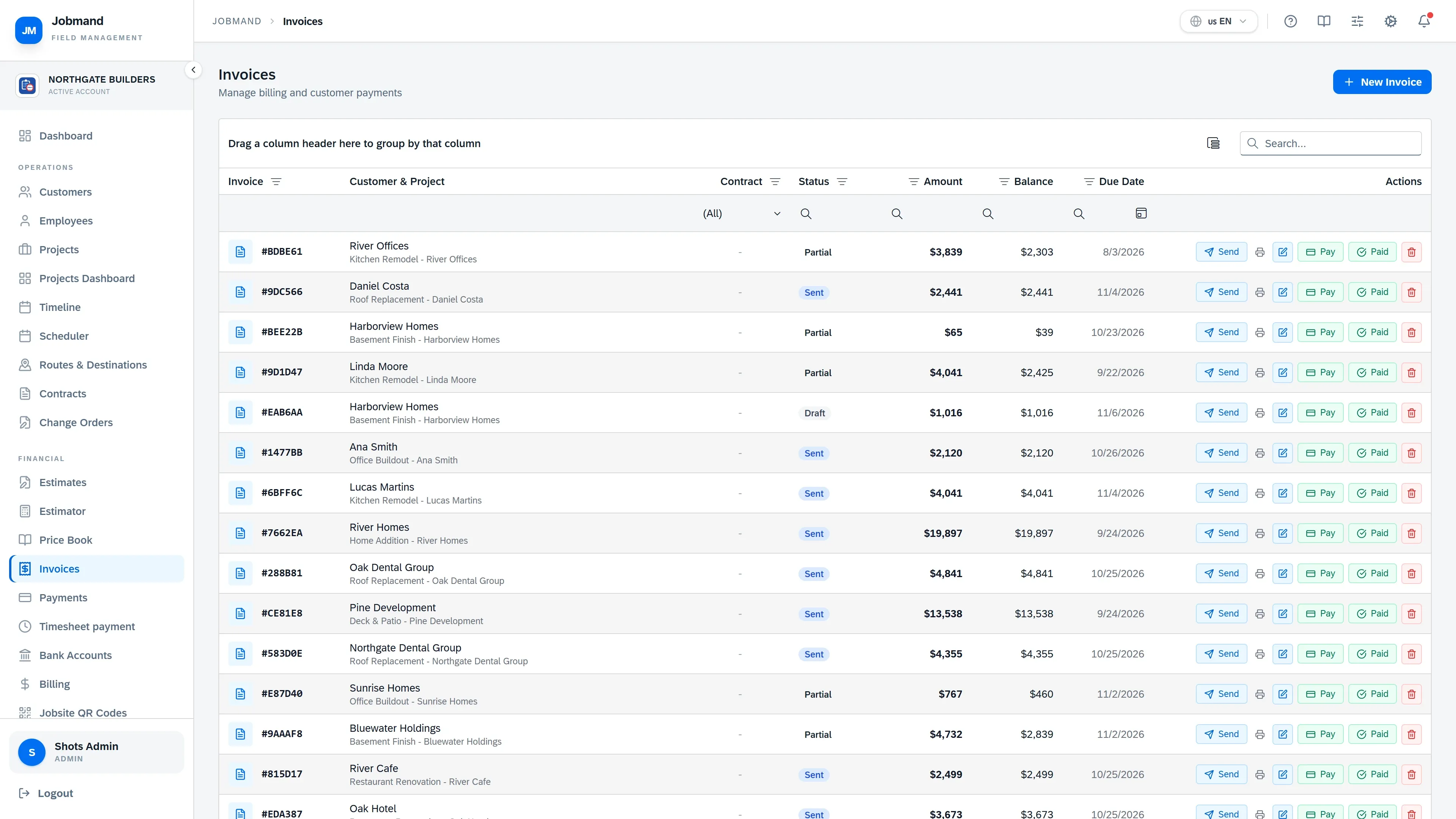 The invoice list with amounts, due dates and status.