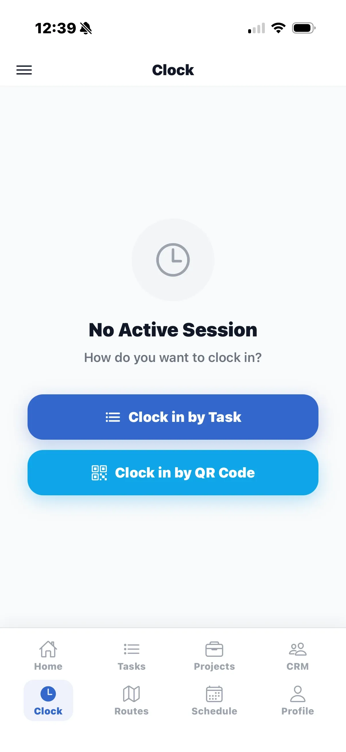 The Clock screen offering Clock in by Task and Clock in by QR Code.