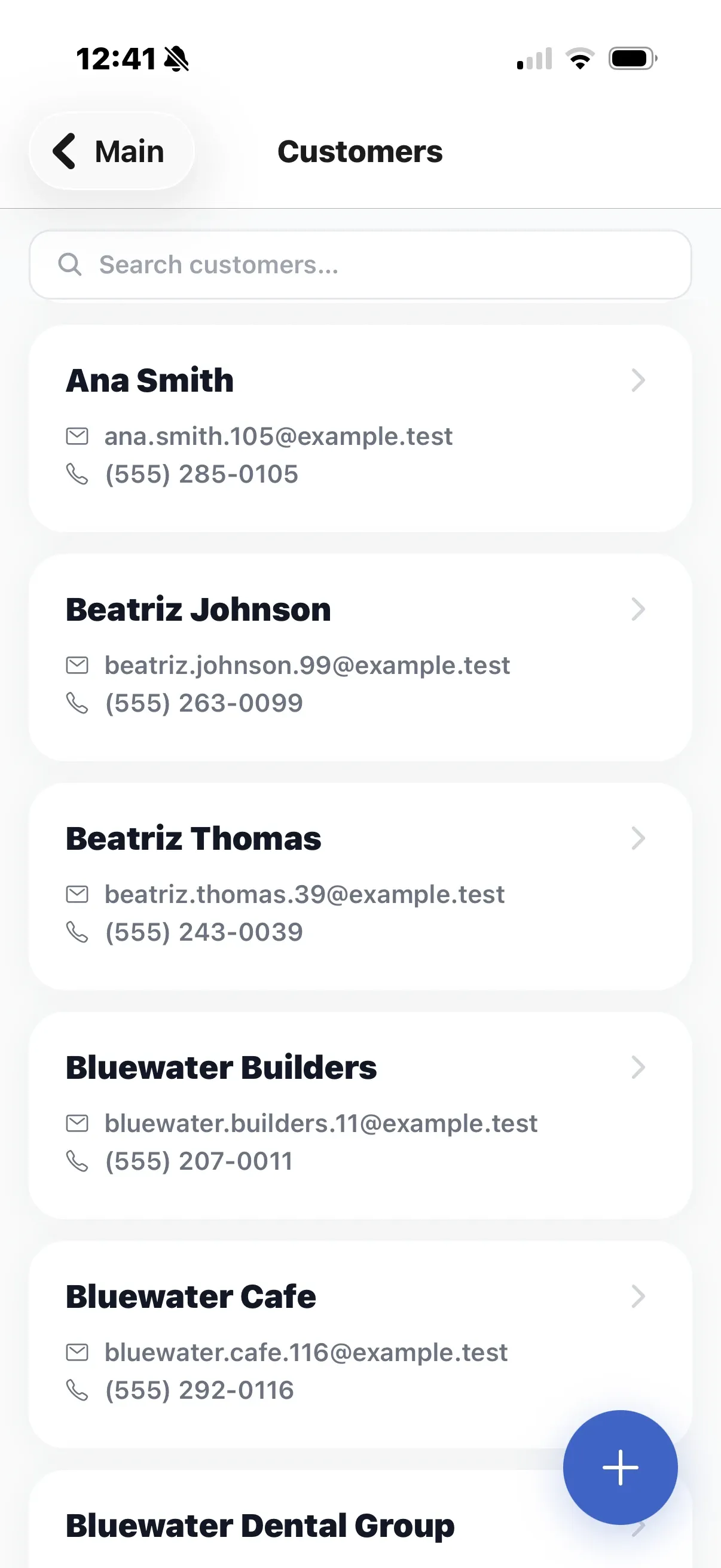 The Customers screen with a search field and a list of customers with email and phone.