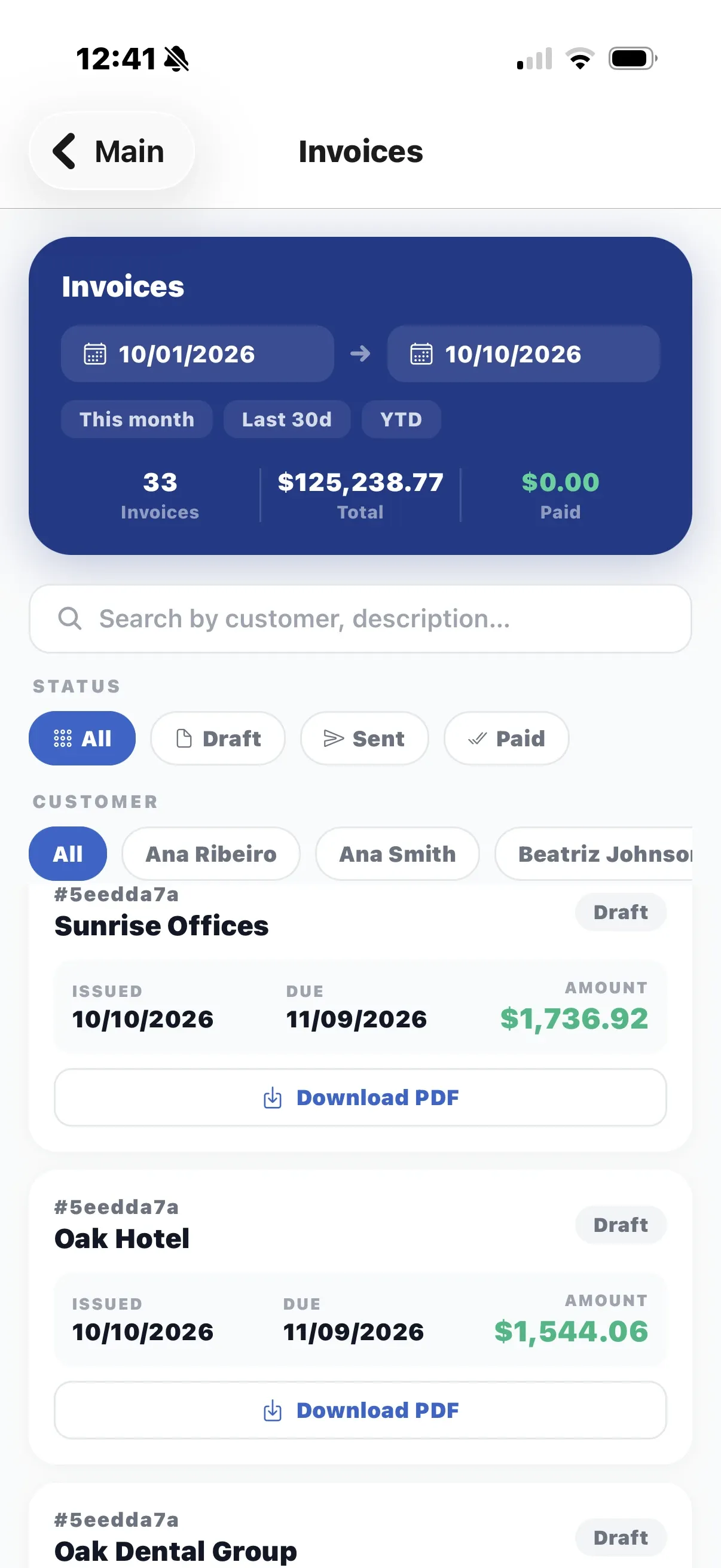 The Invoices screen with a period selector, totals, status filters and invoices with a Download PDF button.
