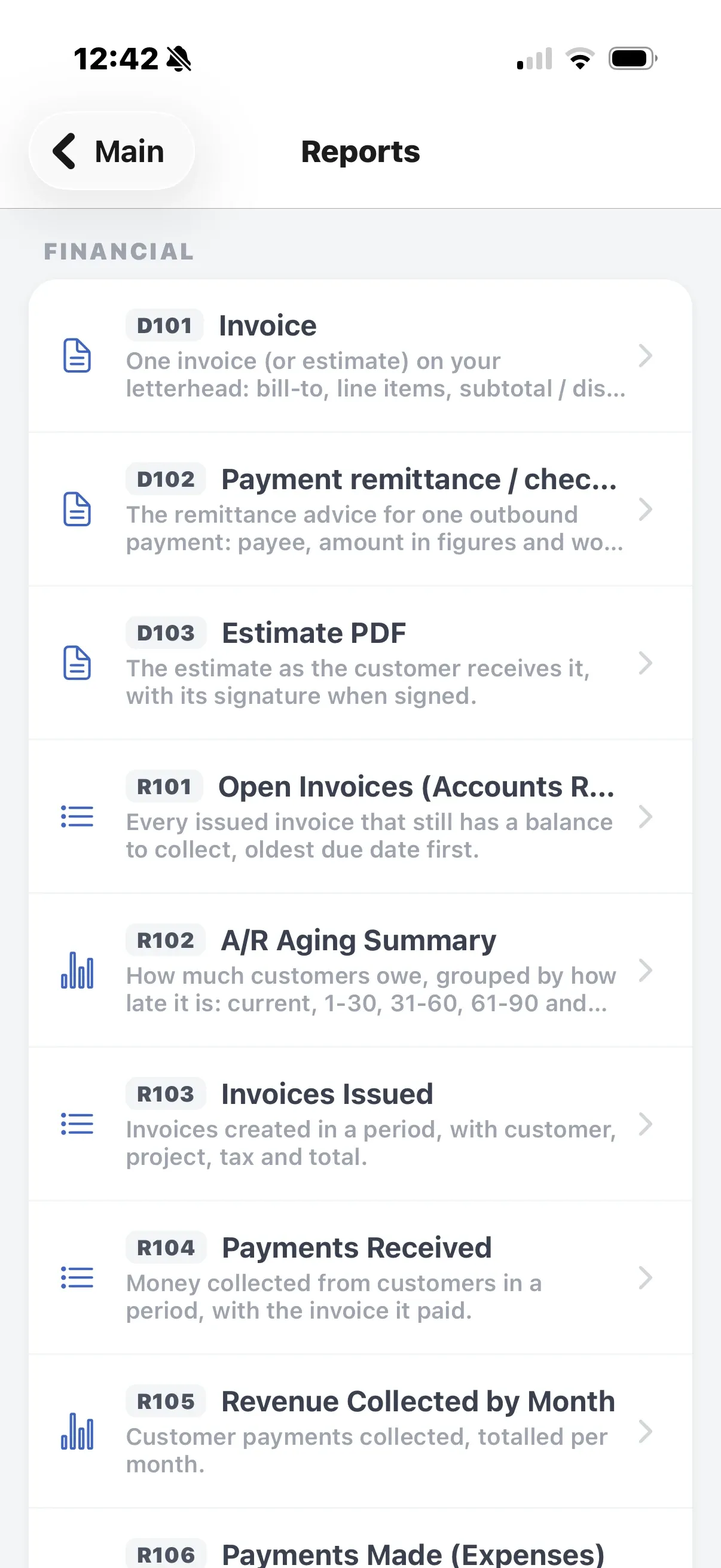 The Reports screen listing financial reports with their codes and descriptions.