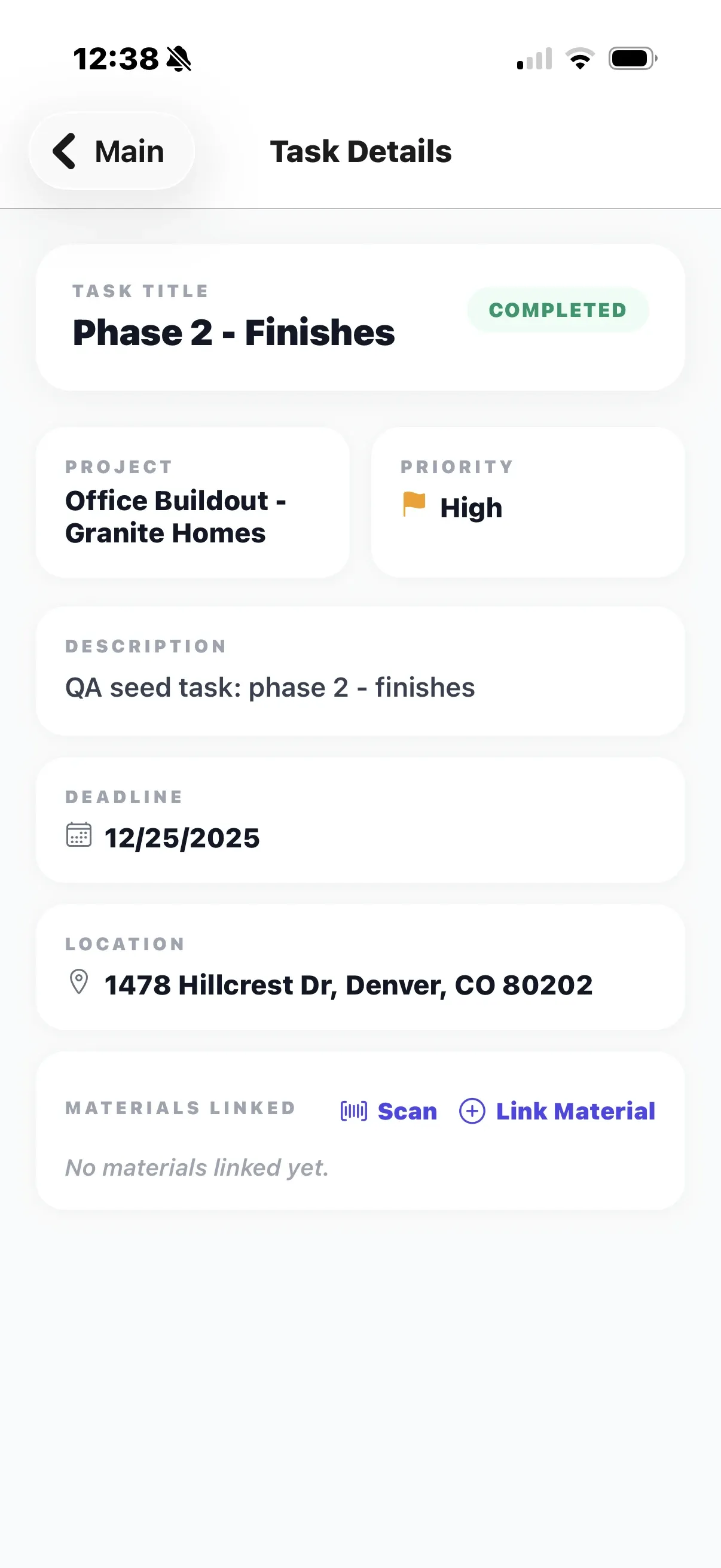 The Task Details screen with project, priority, deadline, location and the materials linked to the task.