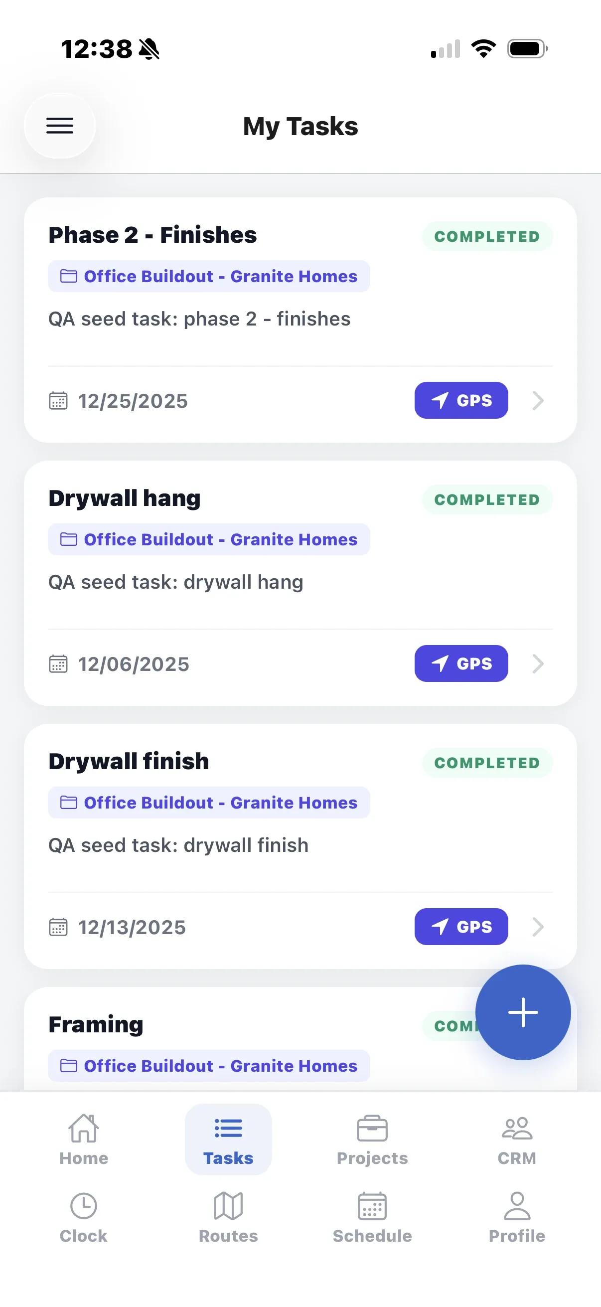 The My Tasks screen of the crew app: a list of tasks with project, deadline and a GPS button.
