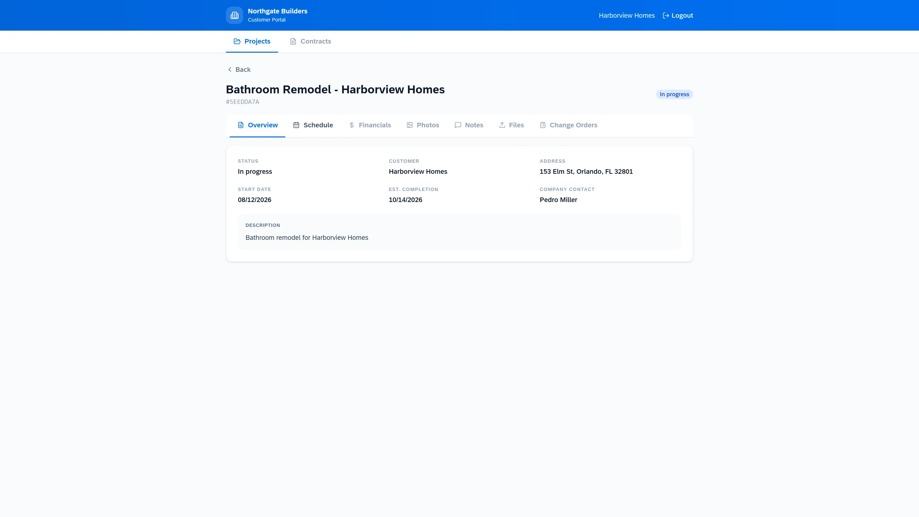The customer portal showing a project overview with its tabs.