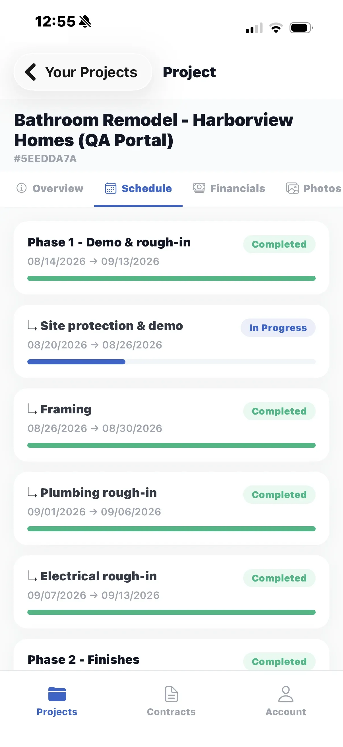The Schedule tab of a project in the customer app, with phases and their progress bars.