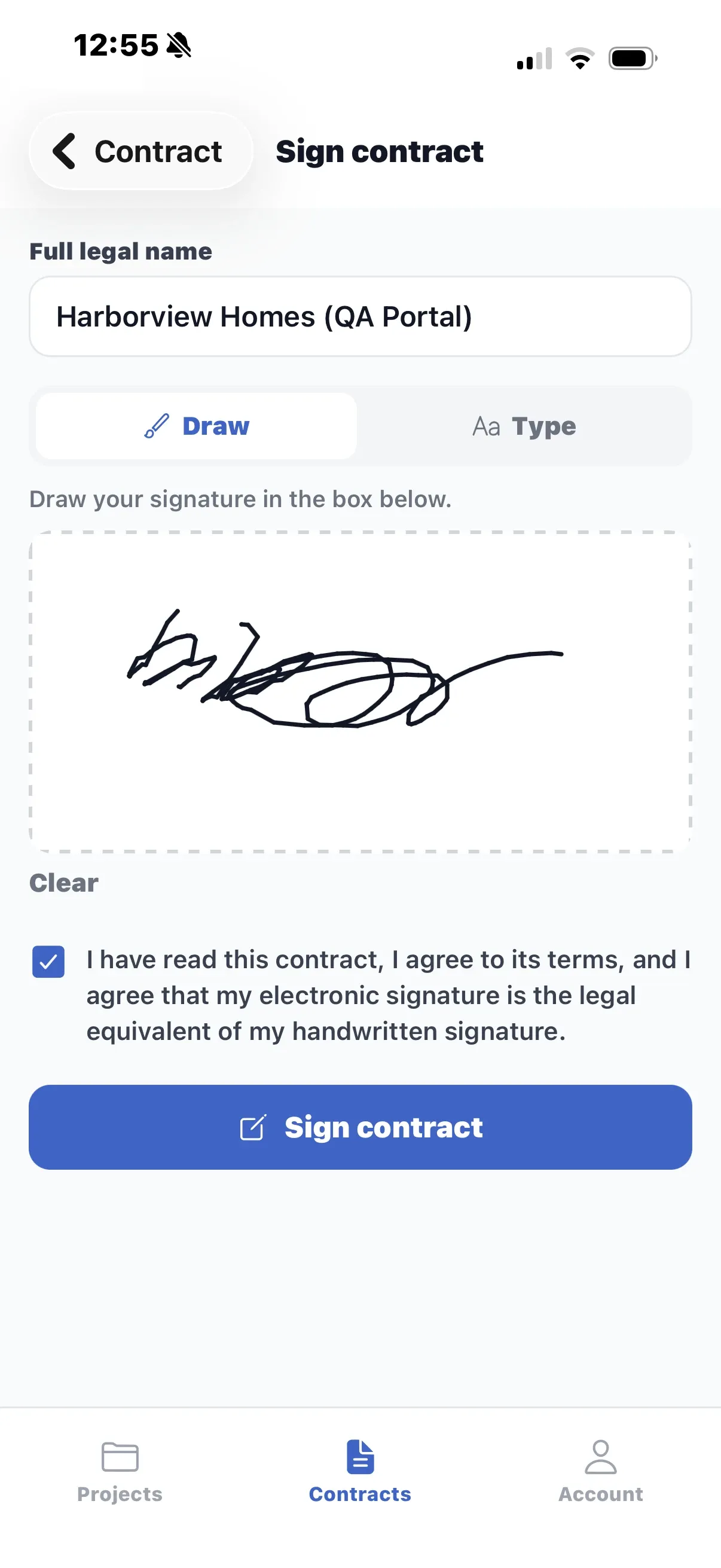 The Sign contract screen with a drawn signature, the consent checkbox and the Sign contract button.