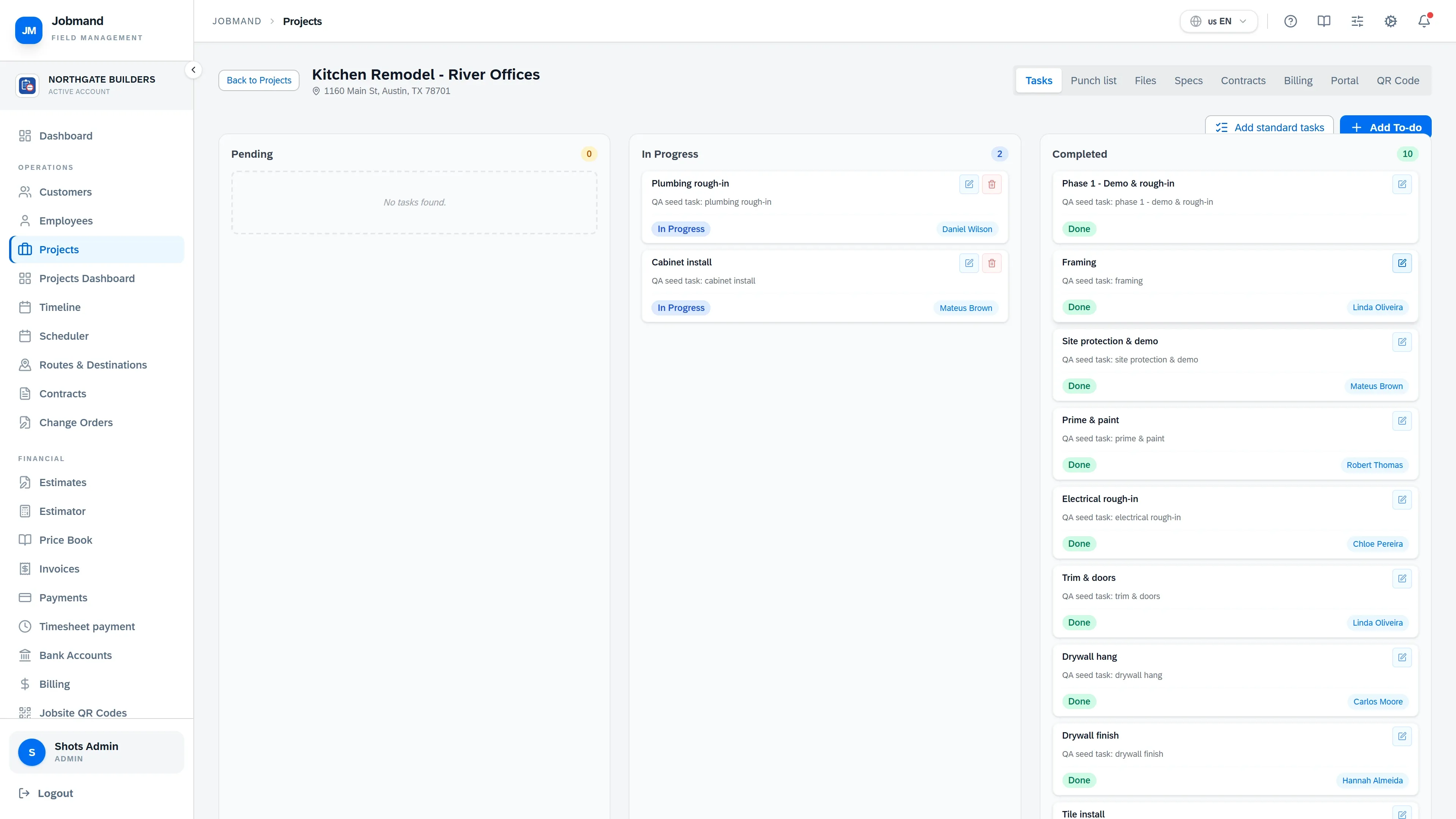 Inside a project: the task board with its tabs.