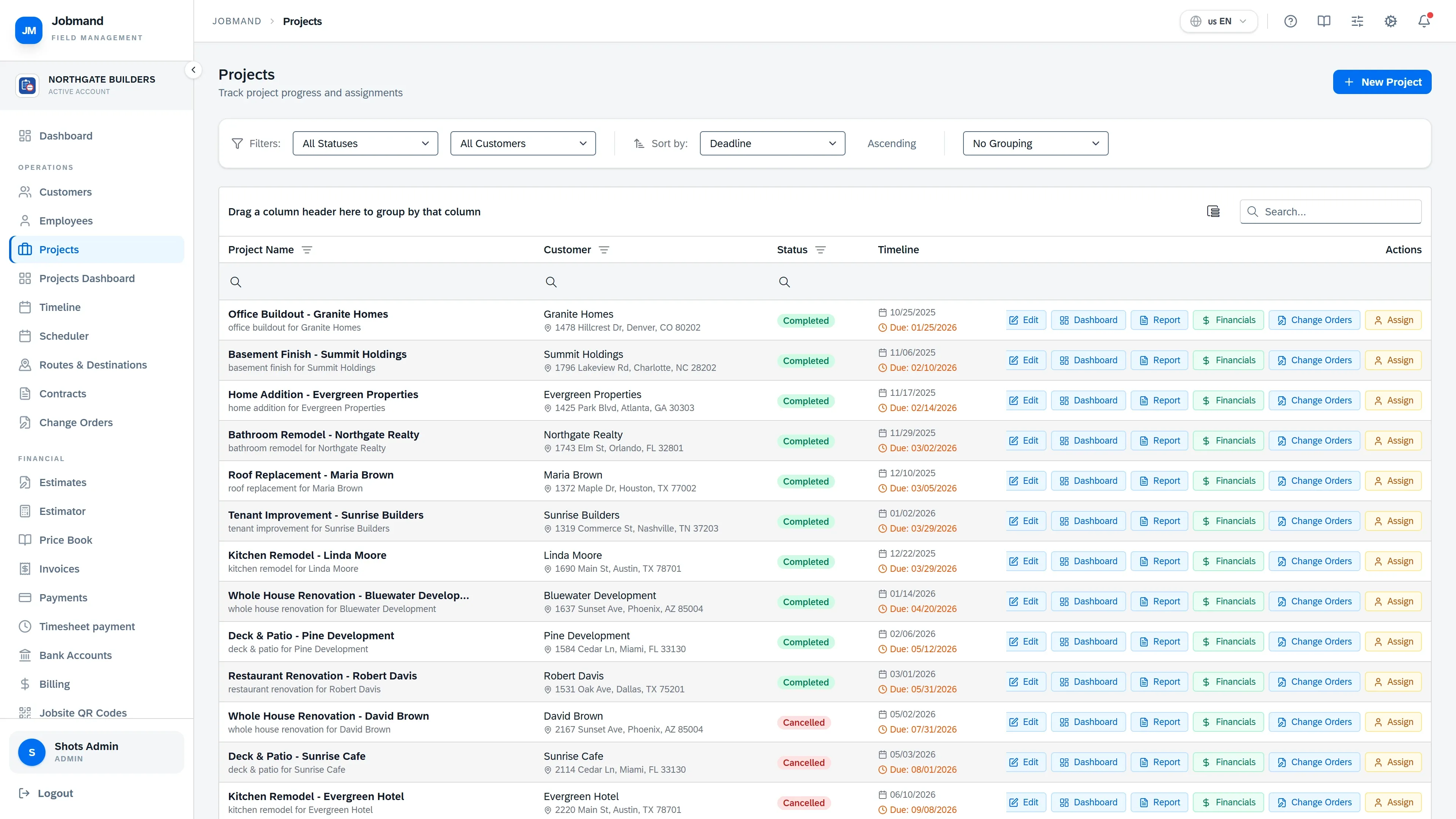 The Projects list with status, timeline and assigned team.