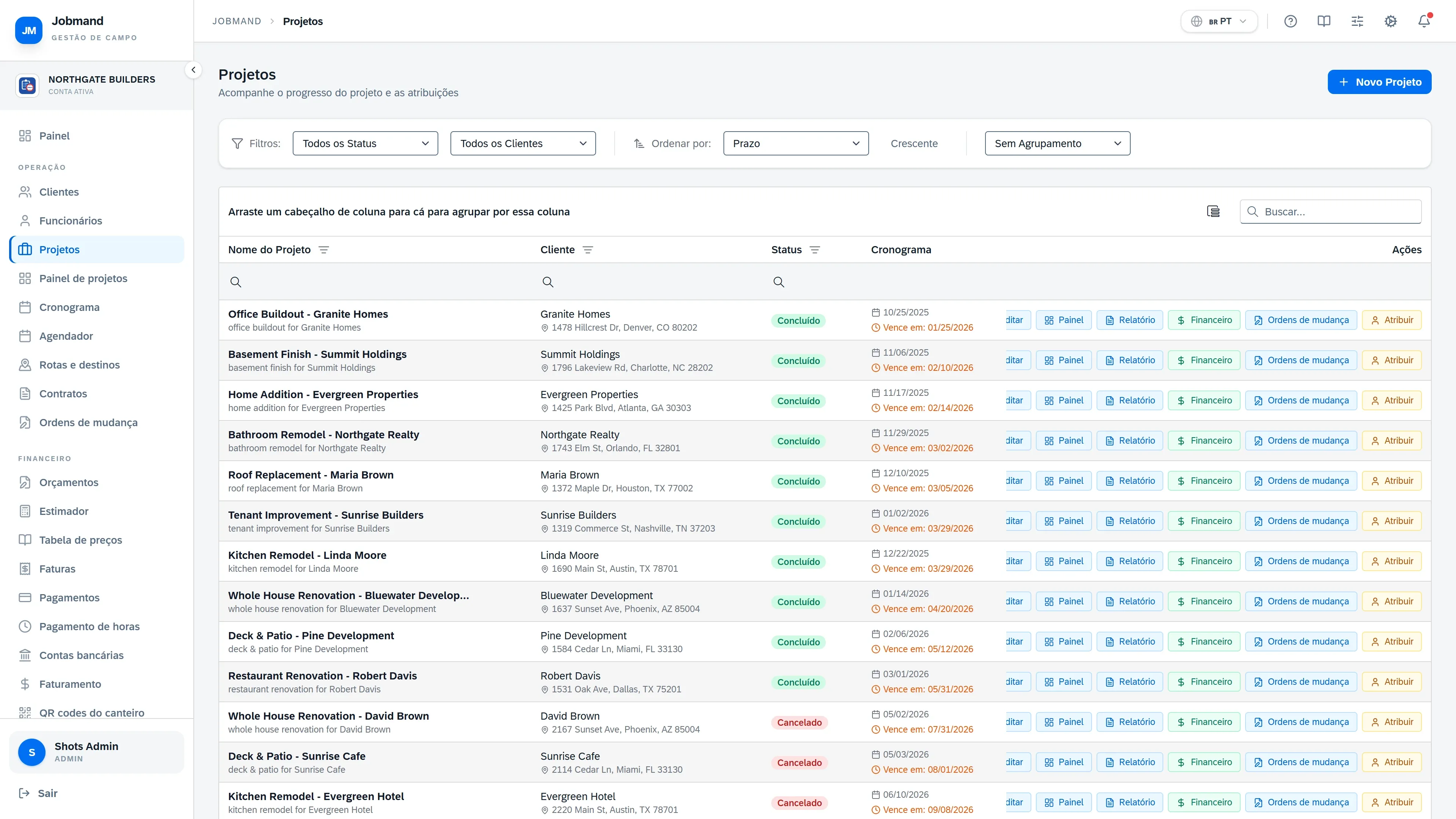 A lista de Projetos com status, linha do tempo e equipe designada.