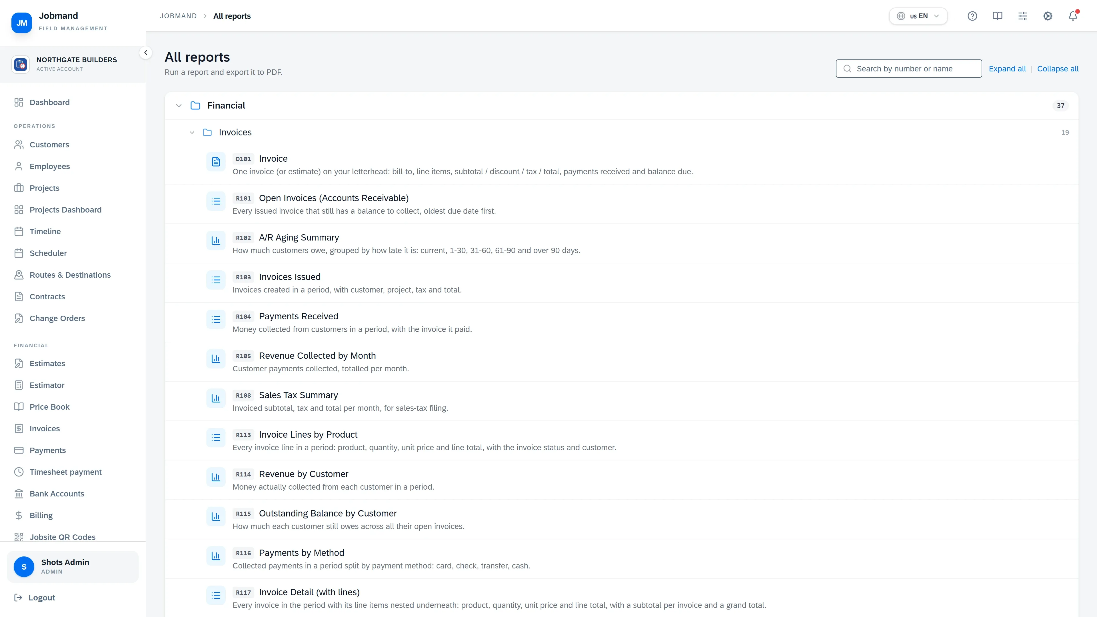 The reports library grouped by area, with numbered standard reports.