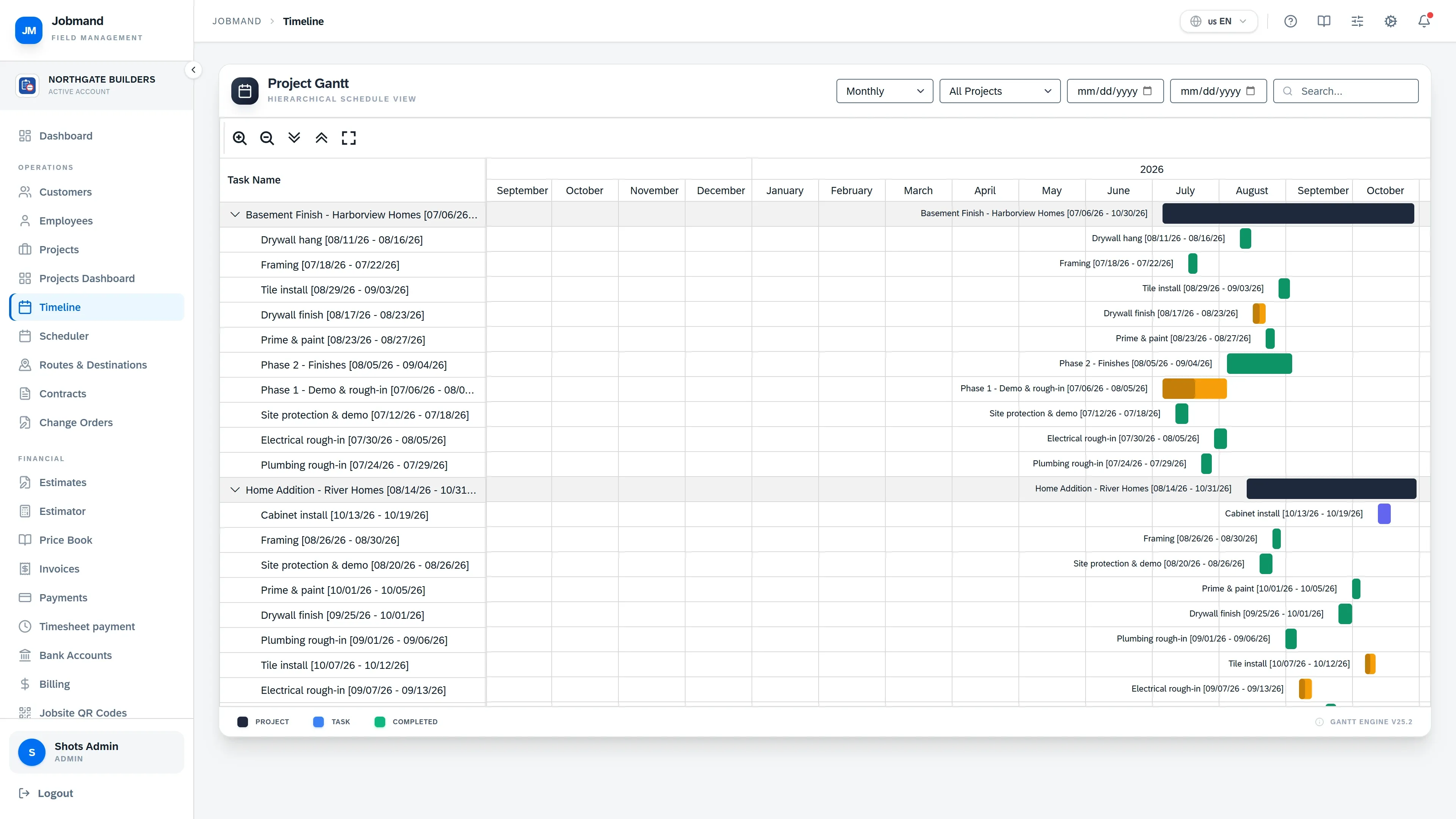 The Timeline Gantt view of projects and tasks.