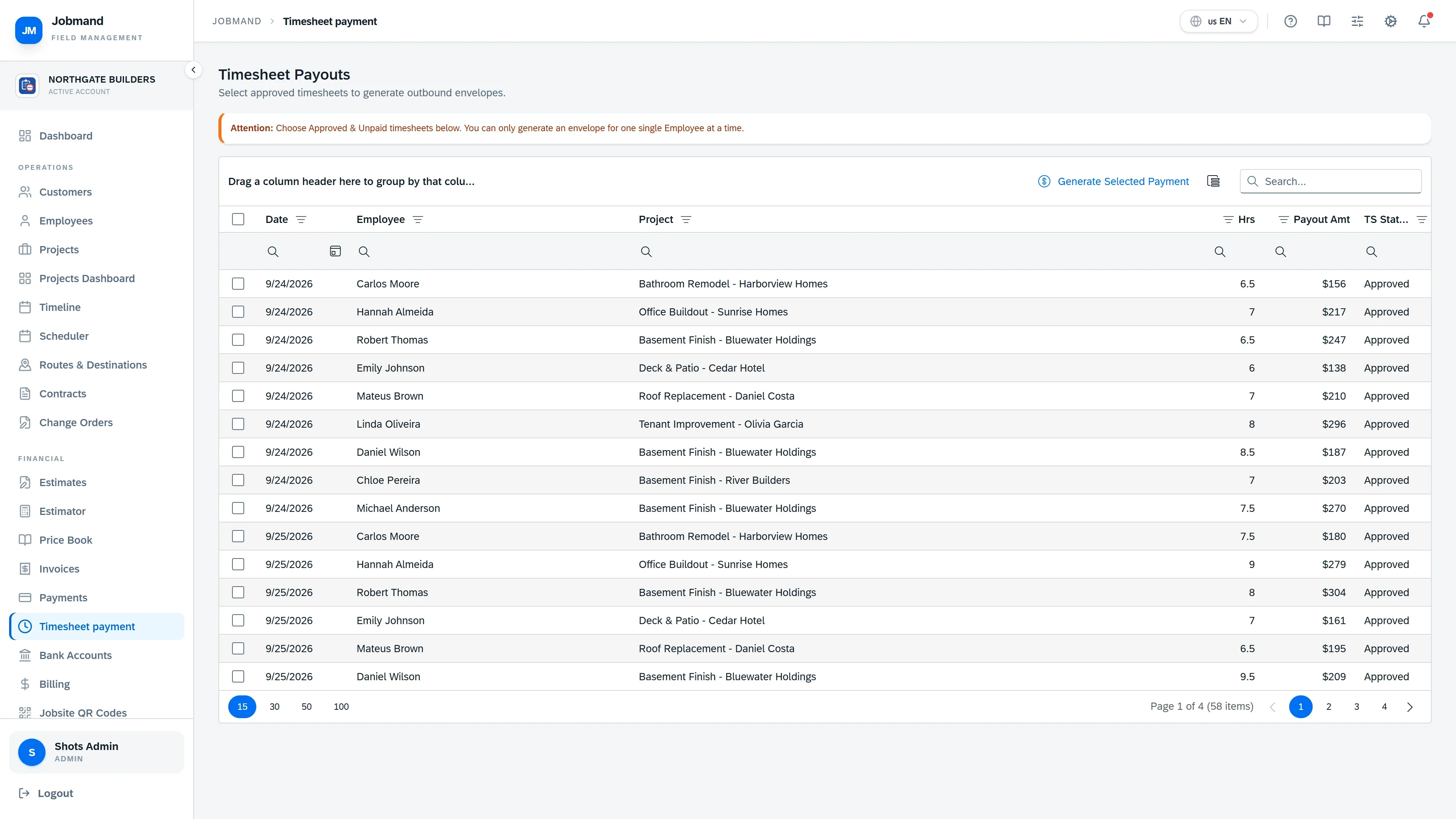 Timesheet payment screen listing approved hours per employee.