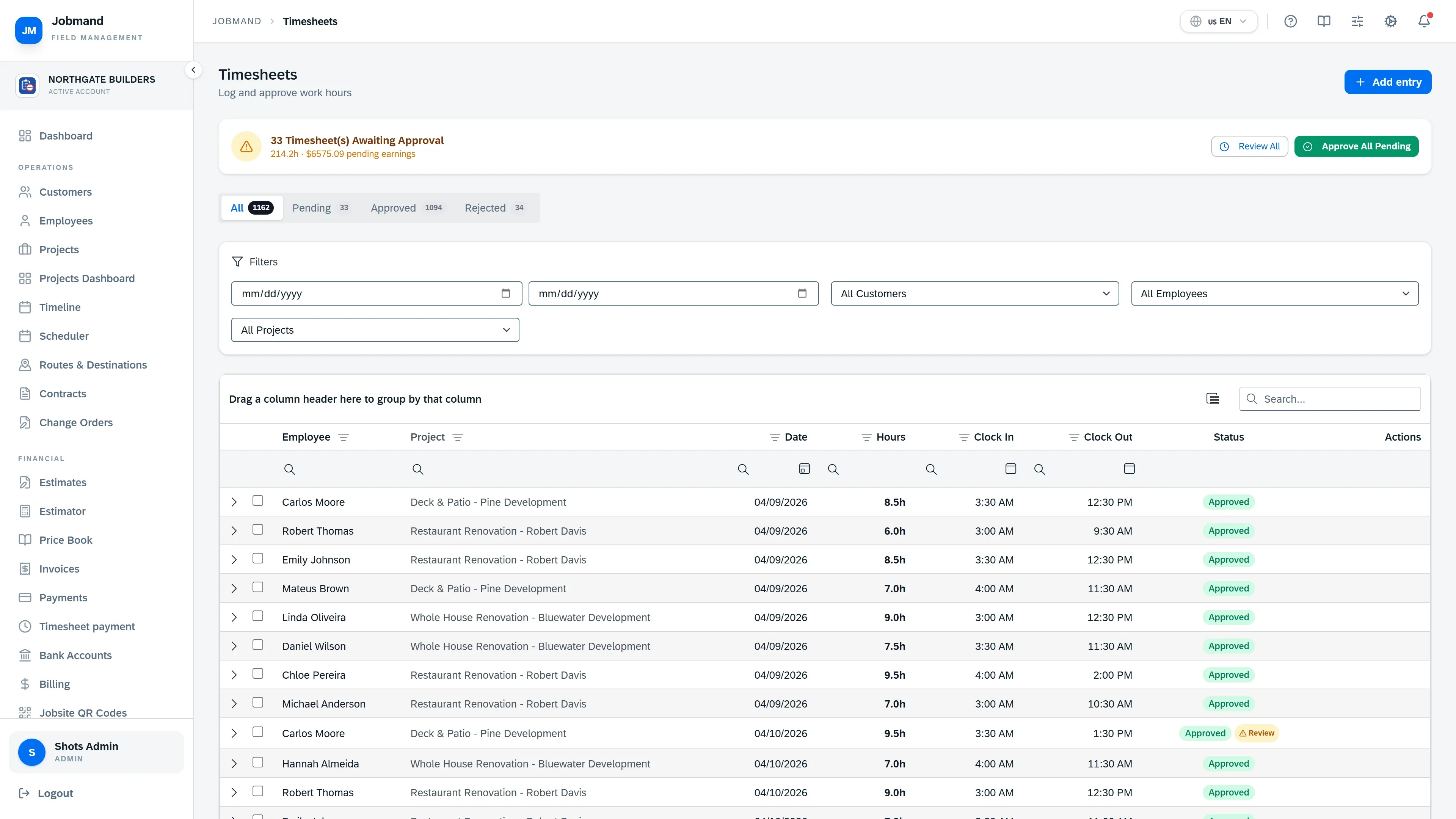 The timesheet list with approved and pending hours.